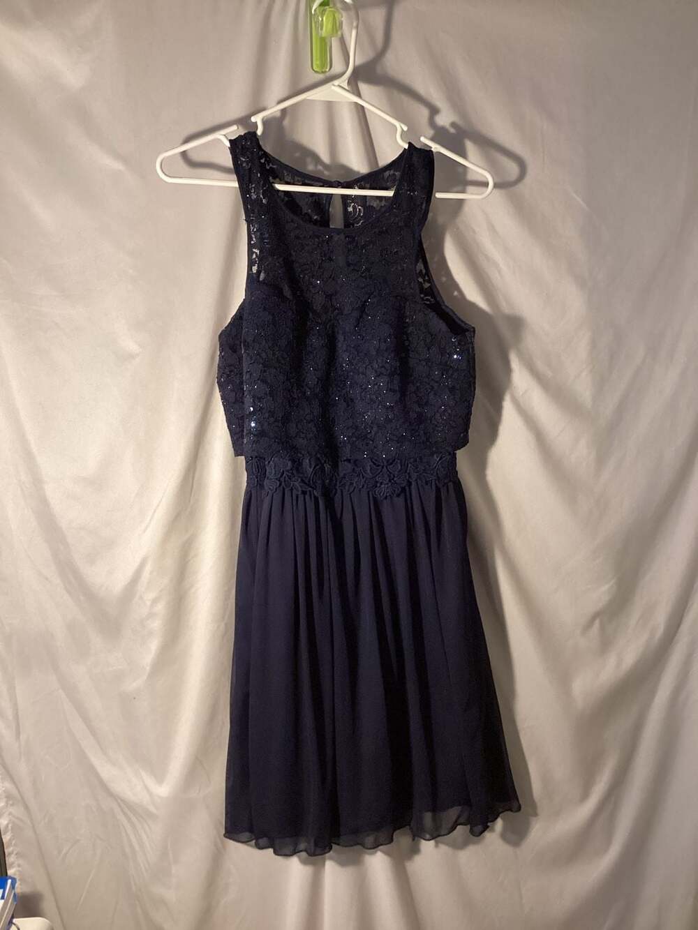 BCX Dress Sleeveless Navy Blue Lace Bodice with Sequins and Chiffon Skirt